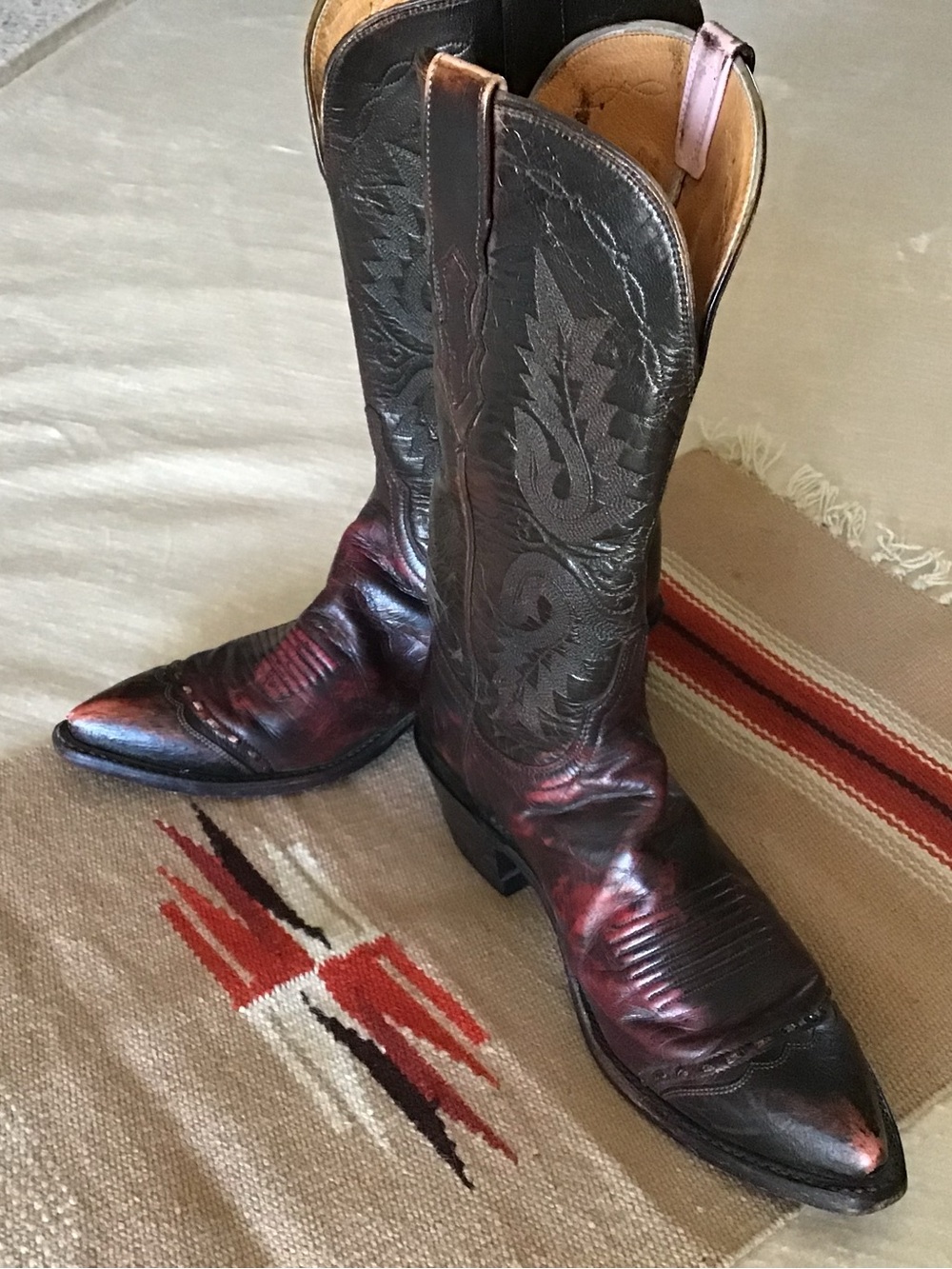 Lucchese 1883 Women's Black and Burgundy Embossed Leather Heeled Boots
